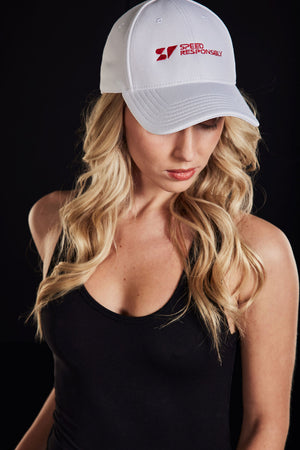 Open image in slideshow, Woman wearing white Speed Responsibly ball cap
